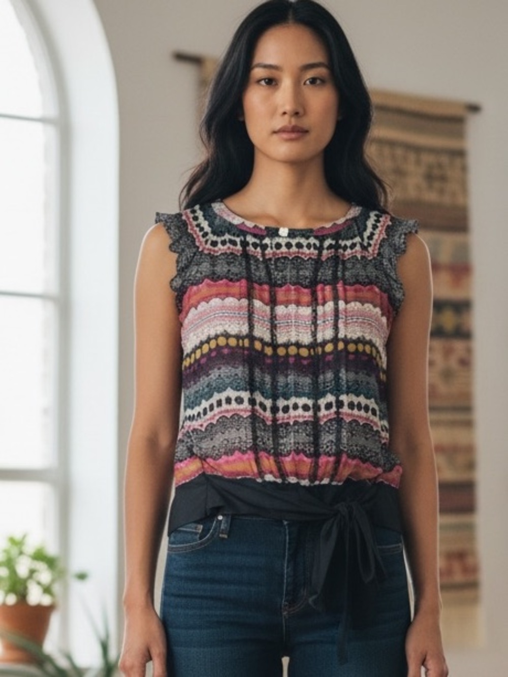 Anthropologie Odille Silk Blouse Sz 4 Sheer Pleat Lace Multi Color Tie Waist